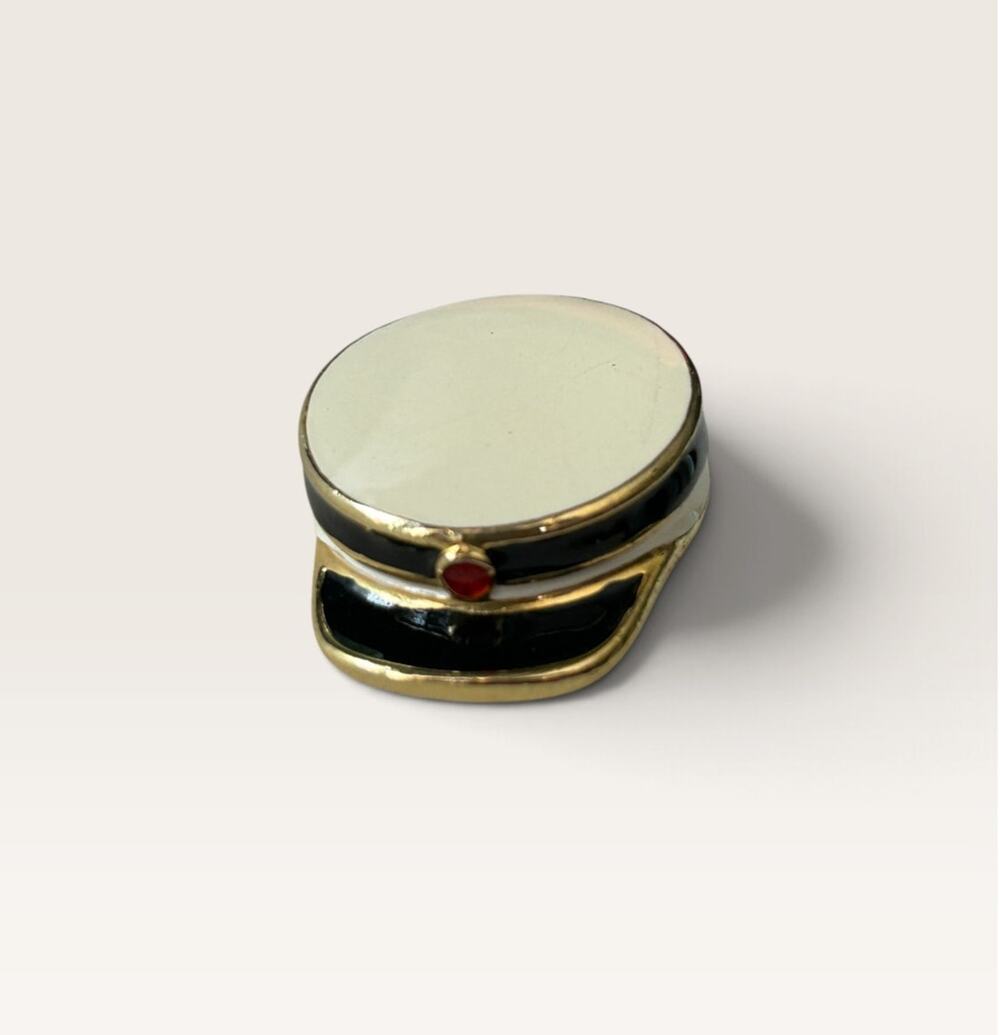 Vintage Enamel Military Cap Brooch Gold Tone Red Stone/Dot